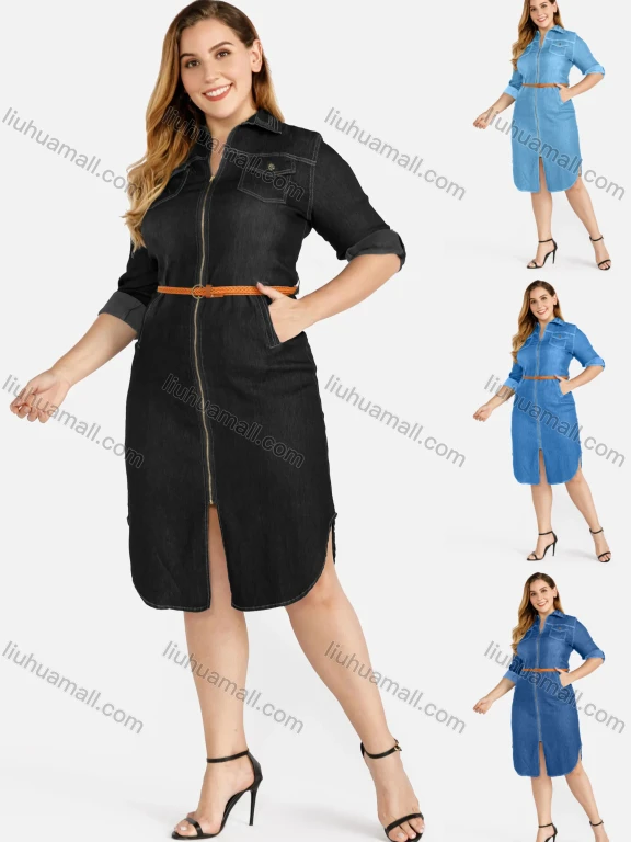 Wholesale Women's Plus Size Casual Zip Front Wash Denim Shirt Dress With Belt