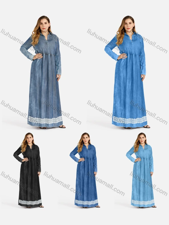 Wholesale Women's Plus Size Long Sleeve Button Front Denim Maxi Dress