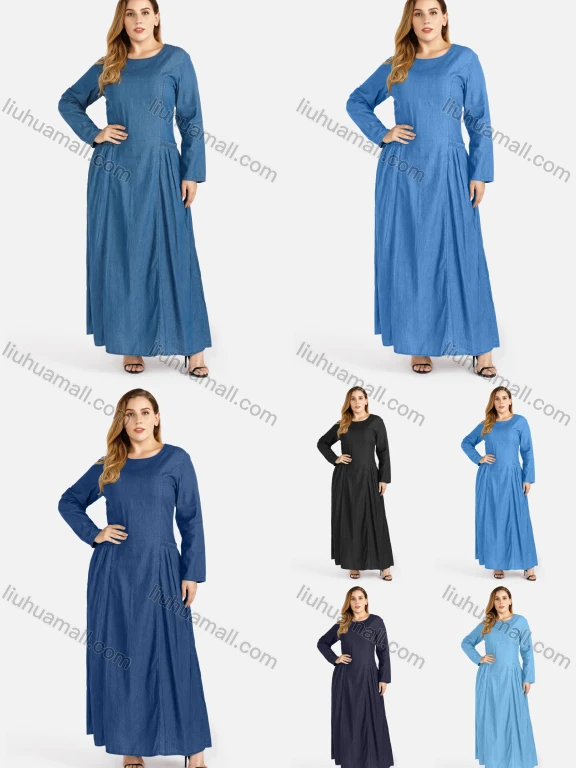 Wholesale Women's Plus Size Casual Round Neck Long Sleeve Denim Maxi Dress