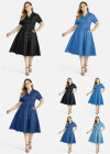 Wholesale Women's Plus Size Casual Button Font Pleated Flared Denim Knee Length Shirt Dress - Liuhuamall