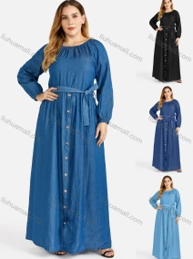 Wholesale Women's Plus Size Casual Round Neck Button Front Denim Maxi Dress, LIUHUA CLOTHING WHOLESALE