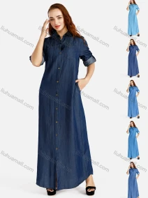 Wholesale Women's Plus Size Causal Stand Collar Button Front Maxi Denim Shirt Dress, LIUHUA CLOTHING WHOLESALE
