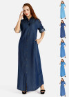 Wholesale Women's Plus Size Causal Stand Collar Button Front Maxi Denim Shirt Dress - Liuhuamall