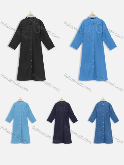 Wholesale Women's Casual 3/4 Sleeve Button Front Denim Shirt Dress