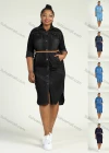 Wholesale Women's Plus Size Casual Collared Long Sleeve Button Denim Shirt Dress With Belt - Liuhuamall