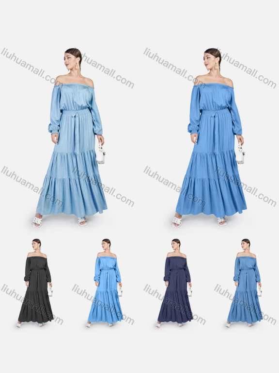 Wholesale Women's Plus Size Casual Off Shoulder Elastic Waist Denim Maxi Dress