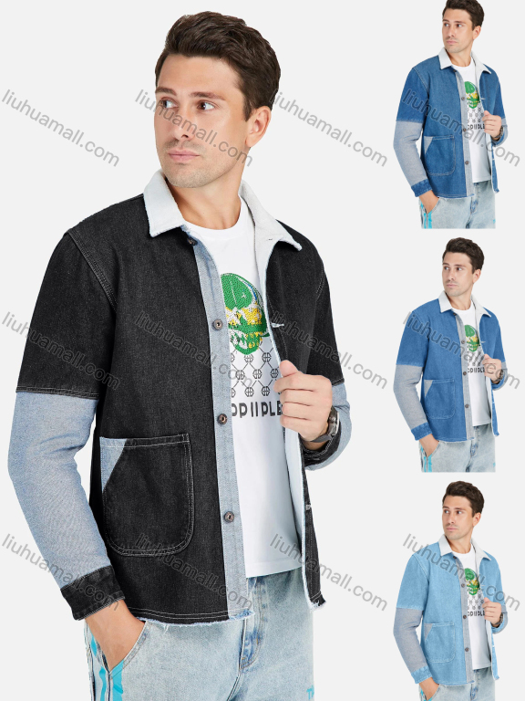 Wholesale Men's Fashion Collared Splicing Dual Pocket Denim Jacket With Patch Pocket