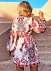 Wholesale Women's Vintage Long Sleeve V Neck Tie Front Retro Print Short Dress With Belt - Liuhuamall
