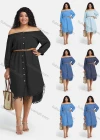 Wholesale Women's Denim Off Shoulder Frayed Raw Hem Button Down Knee Length Dress With Belt - Liuhuamall