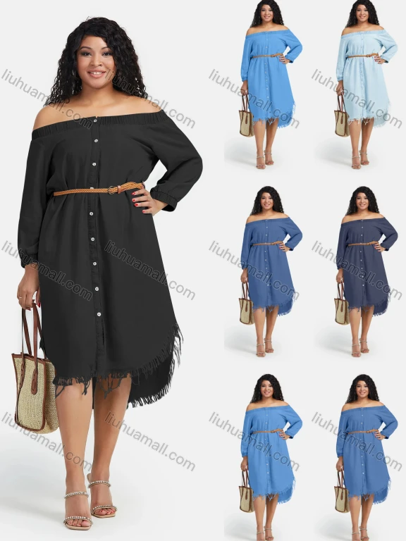 Wholesale Women's Denim Off Shoulder Frayed Raw Hem Button Down Knee Length Dress With Belt
