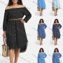 Wholesale Women's Denim Off Shoulder Frayed Raw Hem Button Down Knee Length Dress With Belt preview