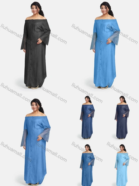 Wholesale Women's Off Shoulder Hollow Wave Sleeve High Low Hem Denim Maxi Dress