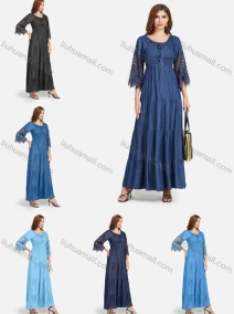 Wholesale Women's Casual Tie Front Ruffle Hem Denim Maxi Dress, LIUHUA CLOTHING WHOLESALE