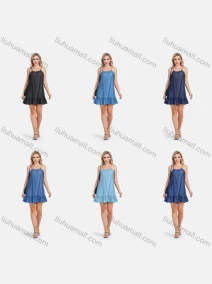 Wholesale Women's Casual Sleeveless Ruffle Hem Short Denim Cami Dress, LIUHUA CLOTHING WHOLESALE