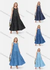 Wholesale Women's Casual Sleeveless Round Neck Ruffle Maxi Denim Dress - Liuhuamall