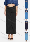 Wholesale Women's High Waist Button Straight Maxi Denim Skirt - Liuhuamall