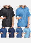 Wholesale Women's Casual Half Sleeve Button Down Denim Shirt With Patch Pocket - Liuhuamall