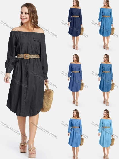 Wholesale Women's Casual Off Shoulder Flap Pocket Demin Dress With Belt