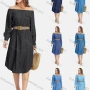 Wholesale Women's Casual Off Shoulder Flap Pocket Demin Dress With Belt preview