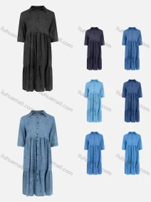 Wholesale Women's Casual 3/4 Sleeve Collared Button Down Ruffle Hem Denim Dress, LIUHUA CLOTHING WHOLESALE