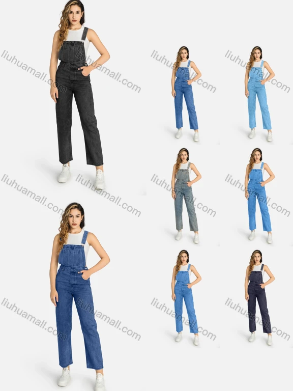 Wholesale Women's Casual Patch Pocket Button Closure Denim Overall