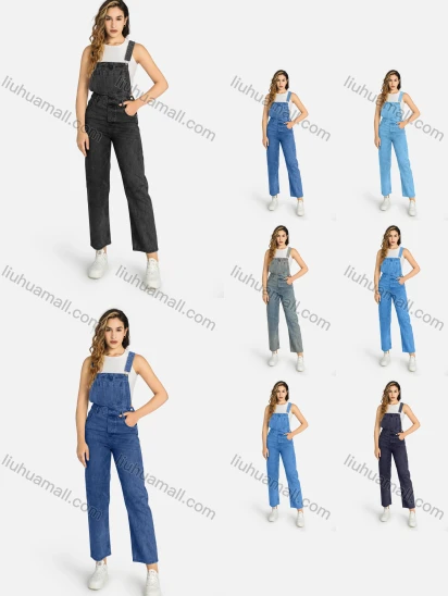 Wholesale Women's Casual Patch Pocket Button Closure Denim Overall
