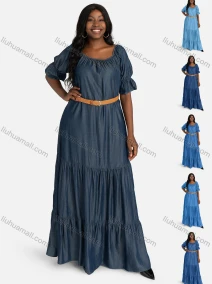 Wholesale Women's Casual Poet Sleeve Plain Layered Denim Dress With Belt 11927#, LIUHUA CLOTHING WHOLESALE