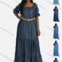 Wholesale Women's Casual Poet Sleeve Plain Layered Denim Dress With Belt 11927# preview