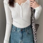 Wholesale Women's Casual Plain Notched Neck Button Front Ribbed Knit Long Sleeve Sweater Tops 8022# preview