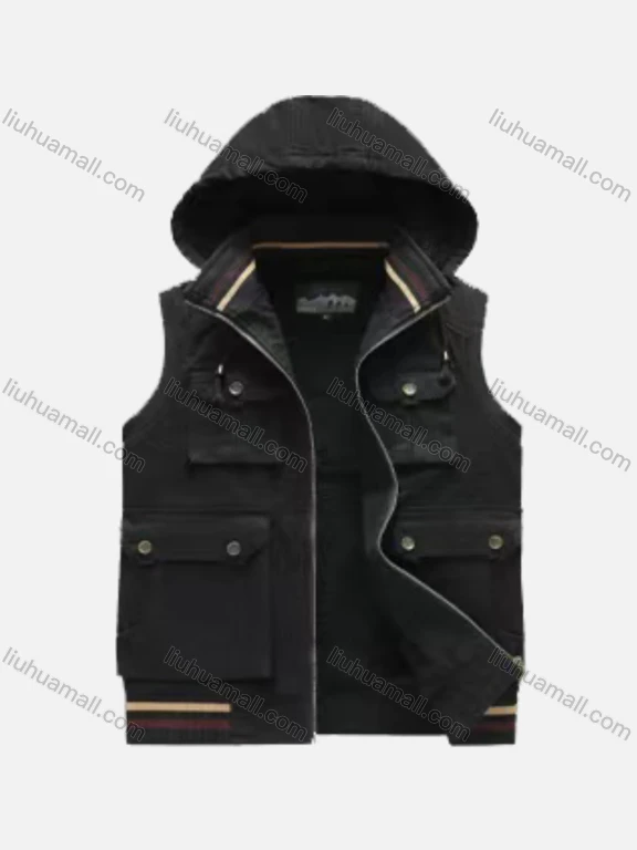 Wholesale Men's Casual Sleeveless Removable Hood Zipper Plain Vest Jacket