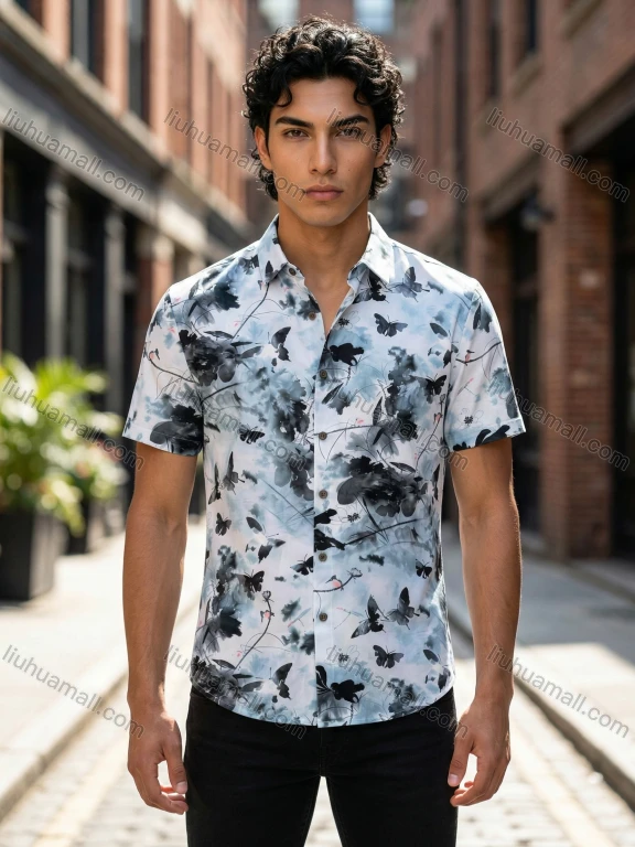 Wholesale 2026 Men's Slim Fit Short Sleeve Shirt Ink Butterfly Print Wholesale In Stock