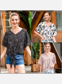 Wholesale Women's Casual Allover Print V Neck Half Sleeve Tie Front Blouse, LIUHUA CLOTHING WHOLESALE