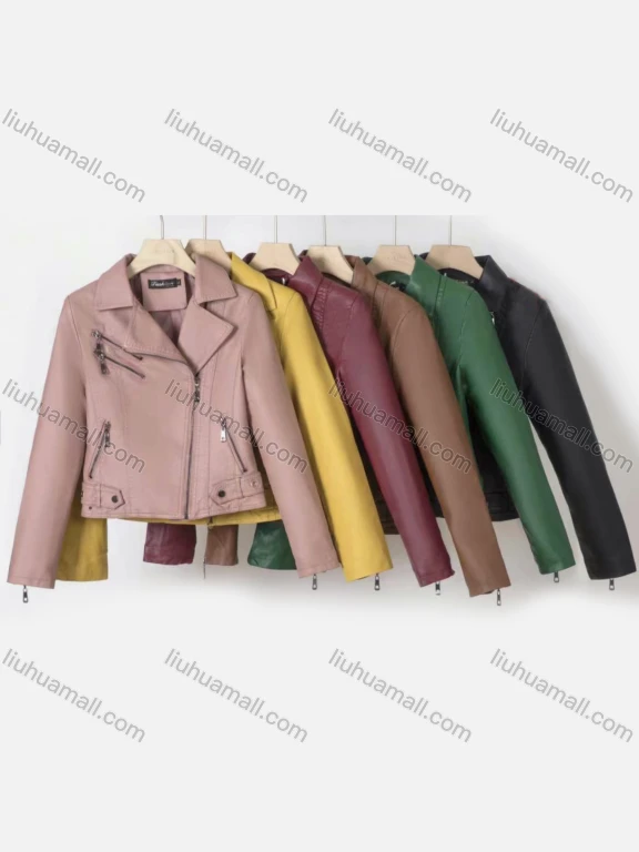 Wholesale Women's Casual Lapel Long Sleeve Zipper Plain Leather Crop Biker Jacket