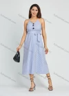 Wholesale Women's Casual Striped Print Button V Neck Cami Maxi Dress With Belt - Liuhuamall
