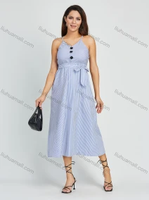 Wholesale Women's Casual Striped Print Button V Neck Cami Maxi Dress With Belt, LIUHUA CLOTHING WHOLESALE