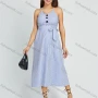 Wholesale Women's Casual Striped Print Button V Neck Cami Maxi Dress With Belt preview