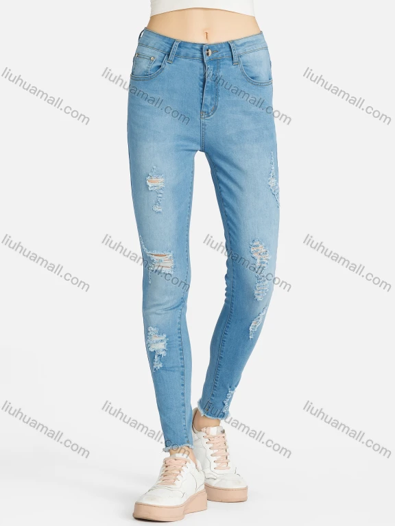 Wholesale Women's Casual Plain Ripped Frayed Raw Hem Pockets Skinny Fit Stretch Jean