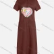 Wholesale Women's Casual Round Neck Graphic Short Sleeve Patch Pockets Midi Dress 576# Saddle Brown Clothing Wholesale Market Liuhua