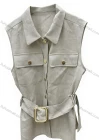 Wholesale Women's Fashion Hardware Belt Sleeveless Vest - Light Beige Utility Waistcoat with Pointed Collar, Gold Buttons & Square - Liuhuamall