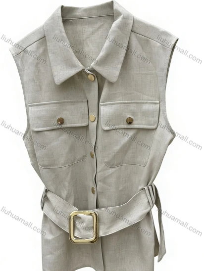 Wholesale Women's Fashion Hardware Belt Sleeveless Vest - Light Beige Utility Waistcoat with Pointed Collar, Gold Buttons & Square