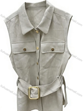 Wholesale Women's Fashion Hardware Belt Sleeveless Vest - Light Beige Utility Waistcoat with Pointed Collar, Gold Buttons & Square, Guangzhou Clothing Wholesale Suppliers & Market - LIUHUAMALL