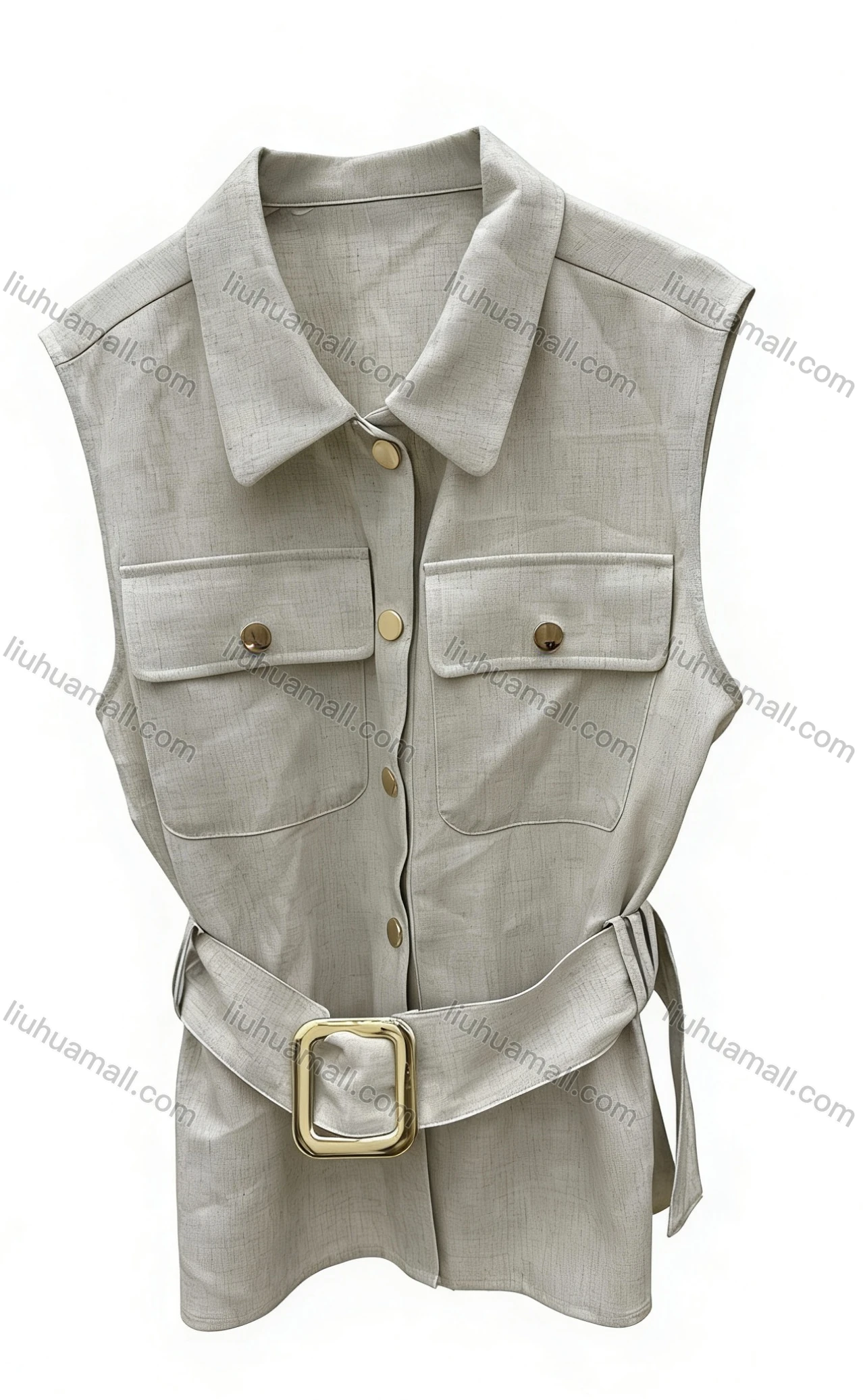 Wholesale Women's Fashion Hardware Belt Sleeveless Vest - Light Beige Utility Waistcoat with Pointed Collar, Gold Buttons & Square