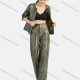 Wholesale Women's Casual Crew Neck Patch Pockets Leather Jacket & Pants 2-Piece Set 9164-1# Green Clothing Wholesale Market Liuhua