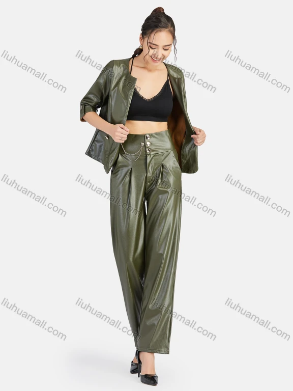 Wholesale Women's Casual Crew Neck Patch Pockets Leather Jacket & Pants 2-Piece Set 9164-1#