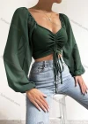 Wholesale Woman's Fashion Square Neck Peasant Sleeve Drawstring Plain Crop Top - Liuhuamall