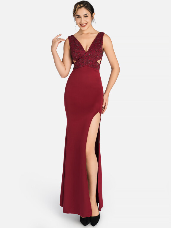 Women's Glamorous Plain V Neck Cross Front Split Thigh Cutout Rhinestone Mermaid Evening Dress 9160#, Clothing Wholesale Market -LIUHUA, 