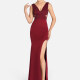 Women's Glamorous Plain V Neck Cross Front Split Thigh Cutout Rhinestone Mermaid Evening Dress 9160# Red Clothing Wholesale Market -LIUHUA
