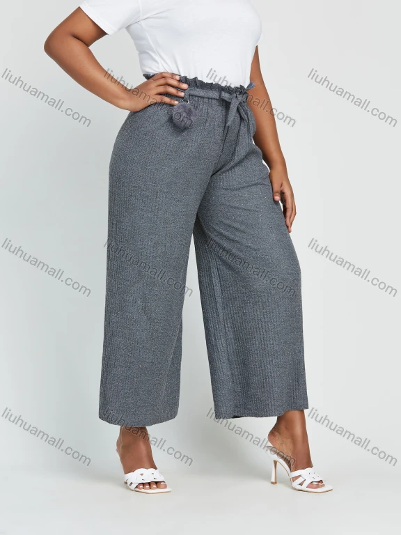 Wholesale Women's Plus Size High Waist Plain Ankle Length Wide Leg Trouser With Belt