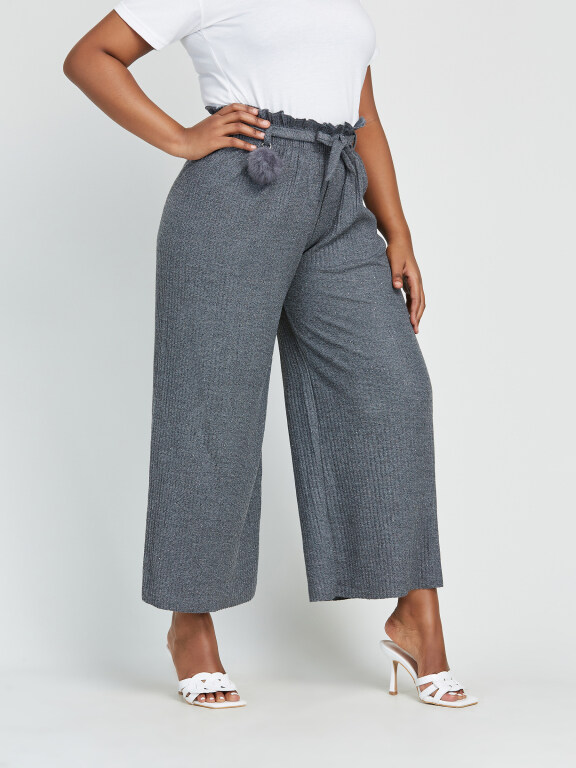 Women's Plus Size High Waist Plain Ankle Length Wide Leg Trouser With Belt, Clothing Wholesale Market -LIUHUA, WOMEN, Pants-Trousers