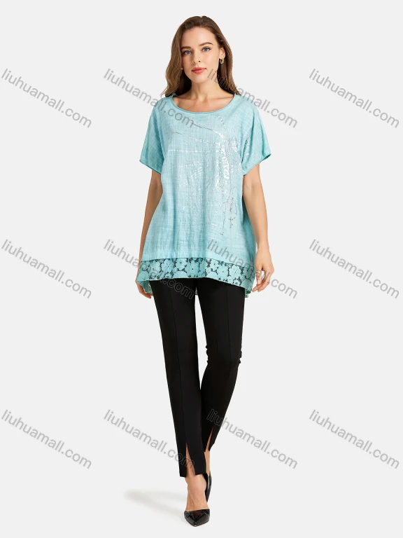 Wholesale Women's Casual Round Neck Short Sleeve Floral Hollow Out Bronzed Print Plain Tunic